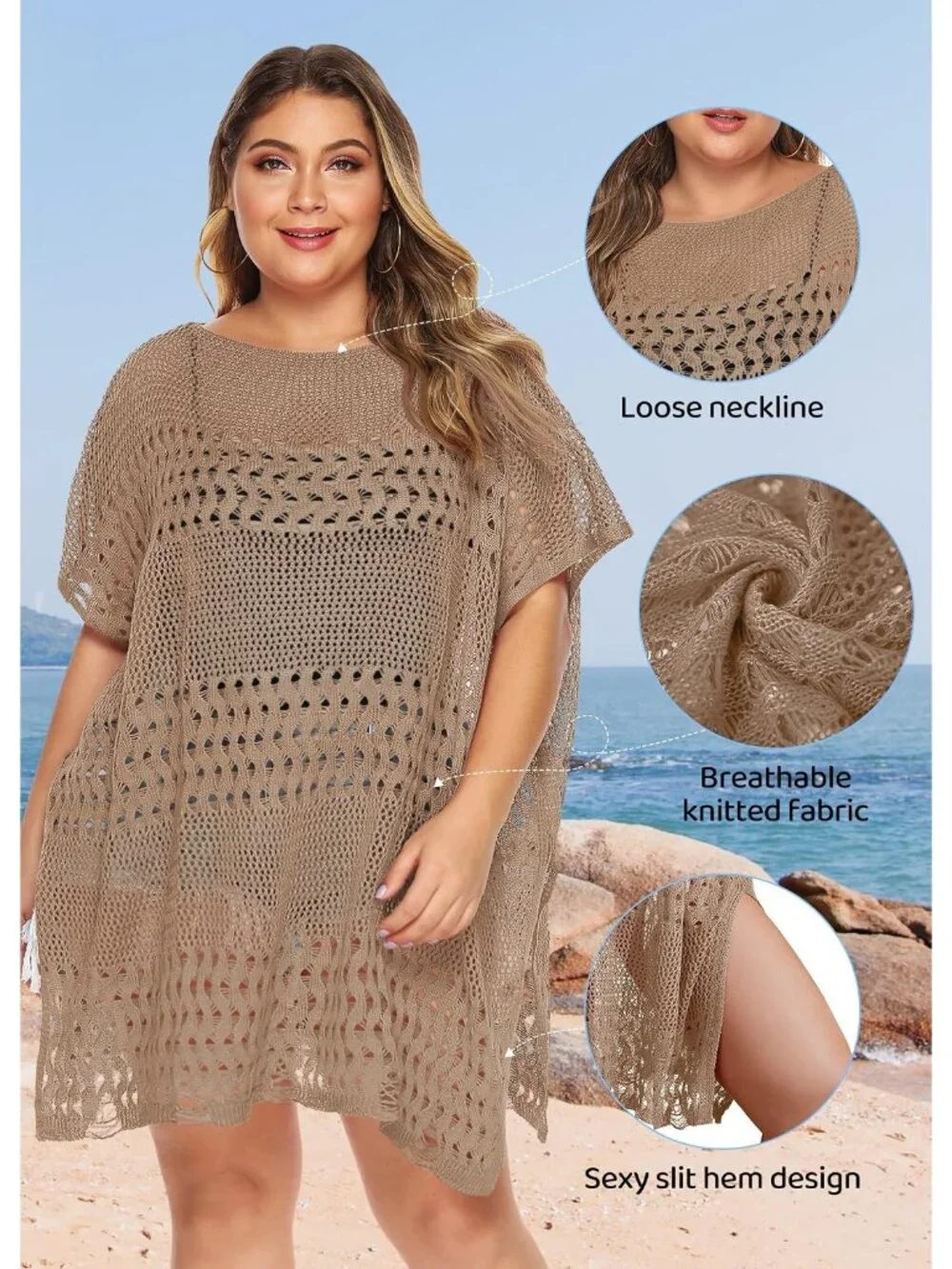 Women's Hollow Khaki One Size Polyester Crochet Summer Swimsuit Coverup Dress